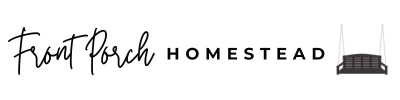 front porch homestead logo. the words front porch homestead are to the left of a dark colored porch swing.